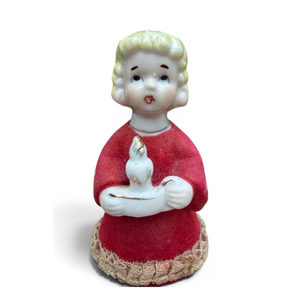 Vintage 1950s Japan Christmas Caroler Girl Figurine Red Flocked Dress Lace Trim